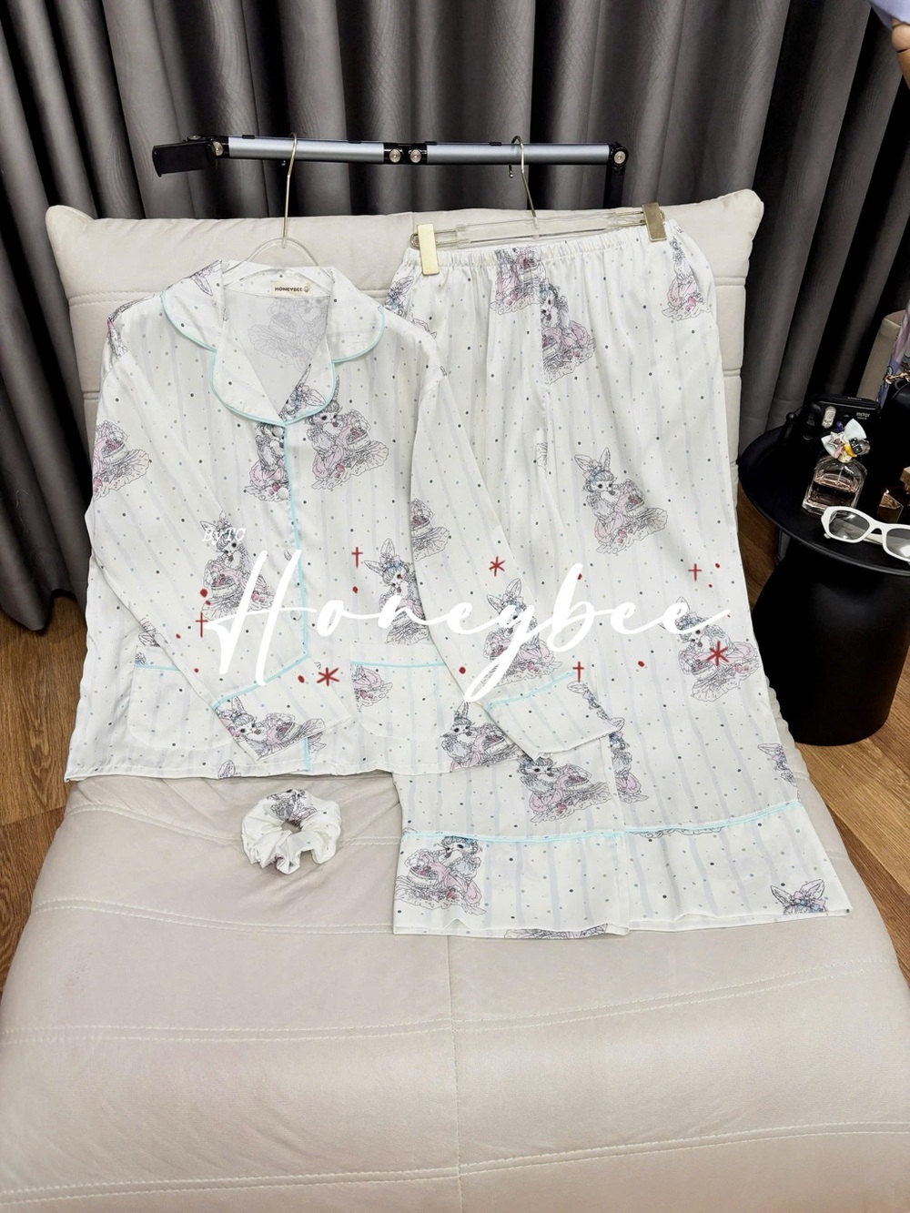 White Silky Satin Pajama Set with Cute Bunny Print
